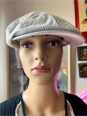 Vintage Blue and White Striped Newsboy Cap